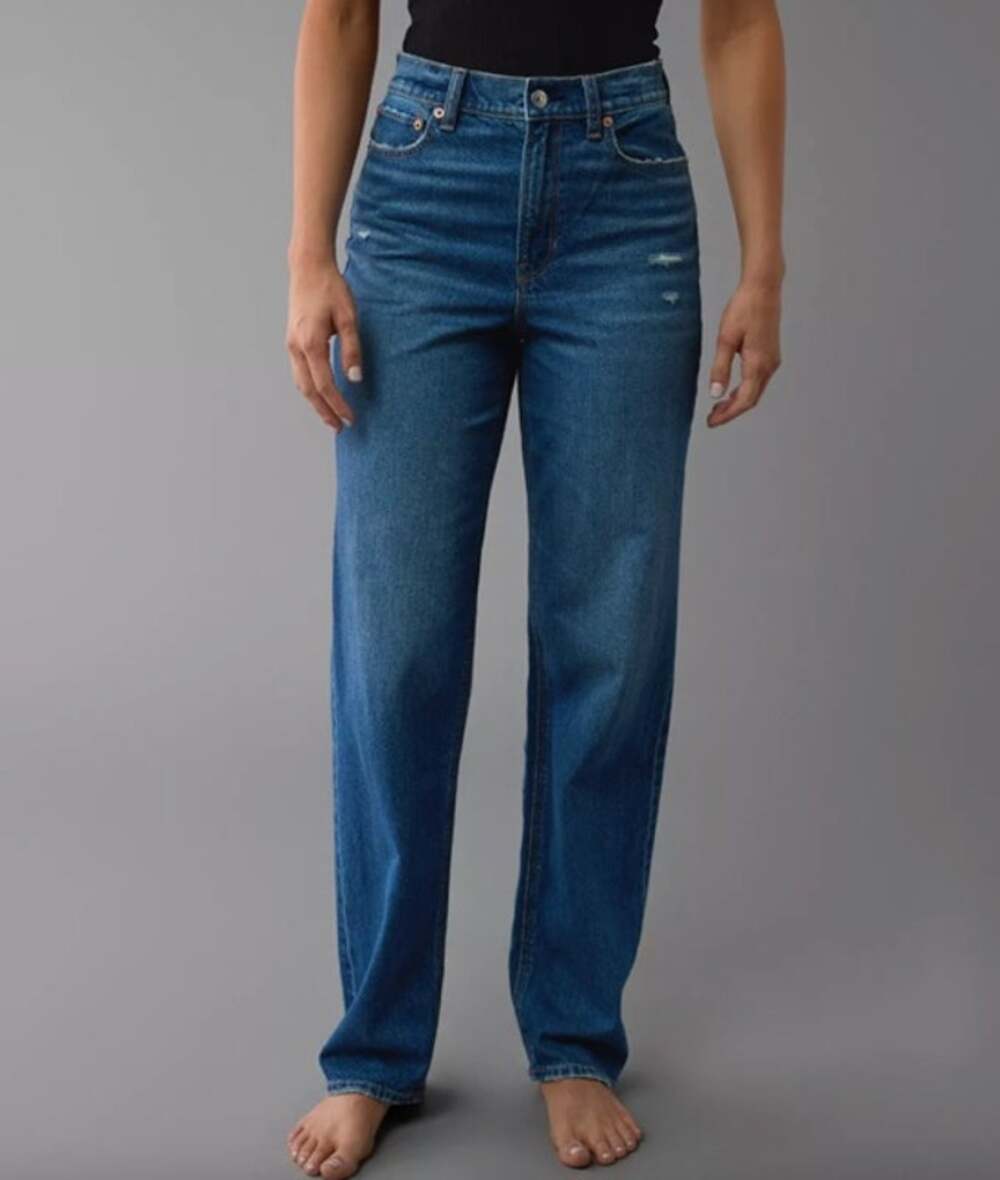 AMERICAN EAGLE Strigid Super High Rise Baggy Straight Jeans 14 Extra Short